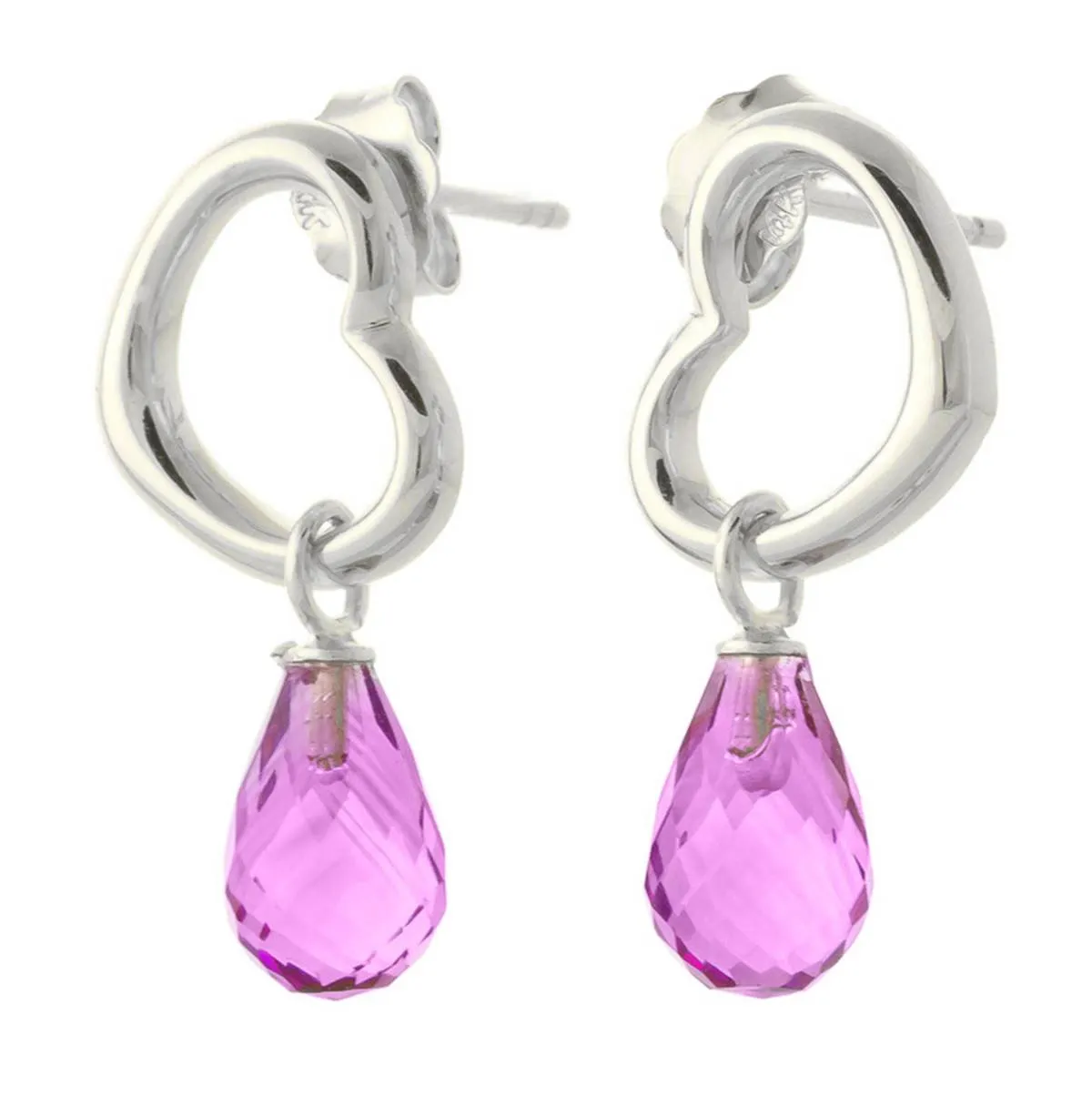 14K Solid White Gold Heart Earrings w/ Dangling Natural Pink Topaz