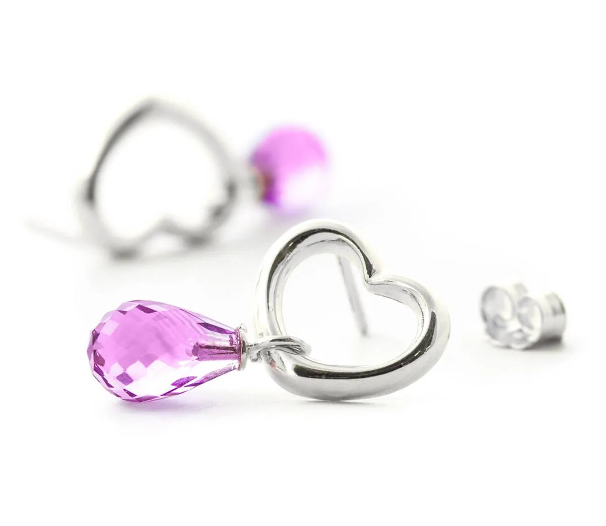 14K Solid White Gold Heart Earrings w/ Dangling Natural Pink Topaz
