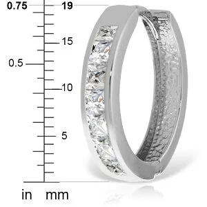 14K Solid White Gold Hoop Huggie Earrings w/ White Topaz
