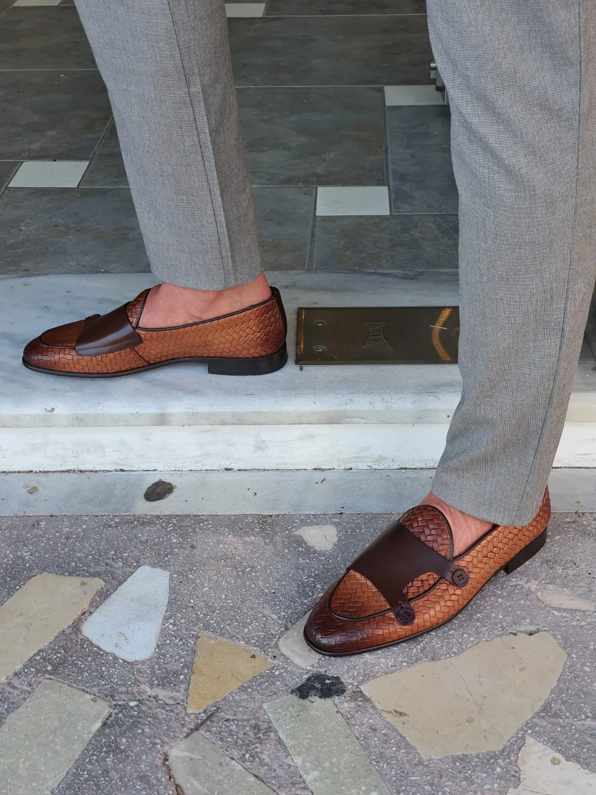 Buy Tan Woven Leather Double Monk Strap Loafers by GentWith.com