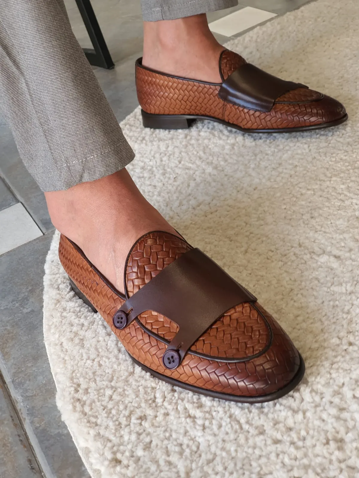 Buy Tan Woven Leather Double Monk Strap Loafers by GentWith.com