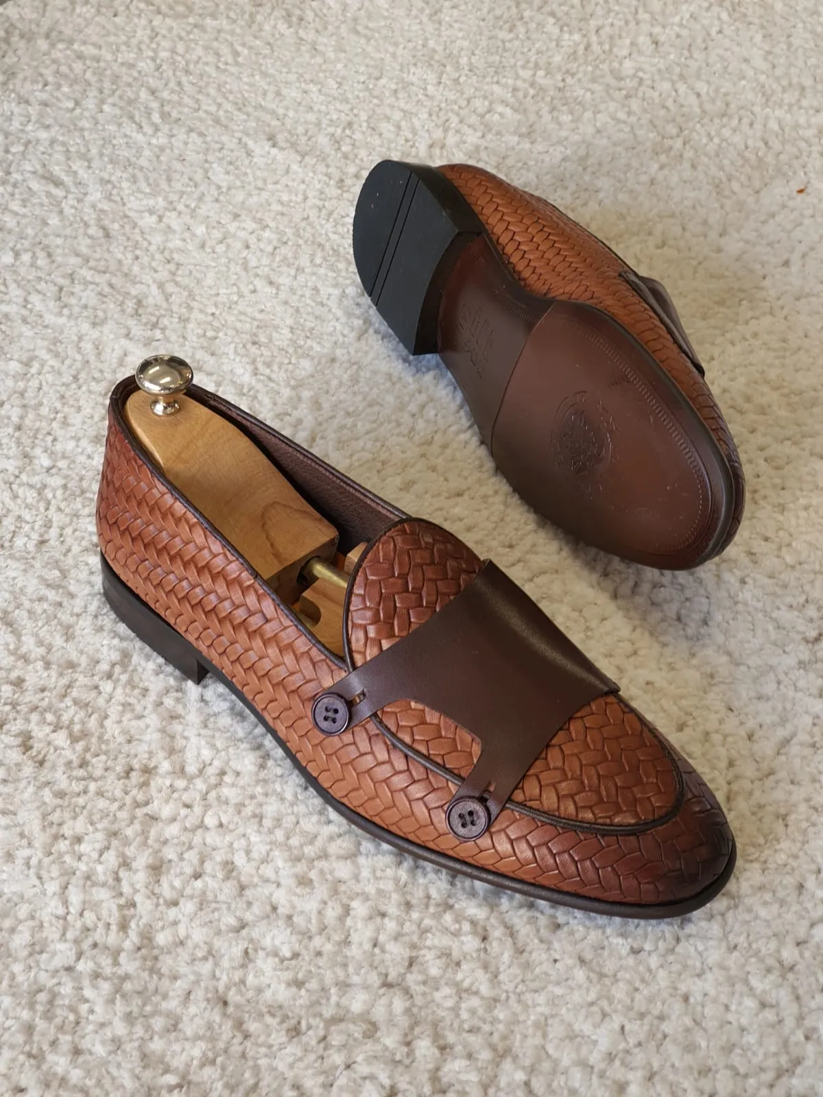Buy Tan Woven Leather Double Monk Strap Loafers by GentWith.com