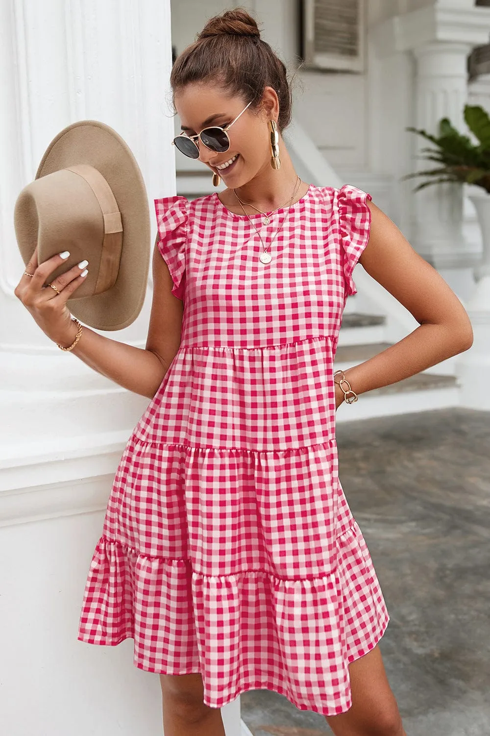 Gingham Print Ruffle Dress