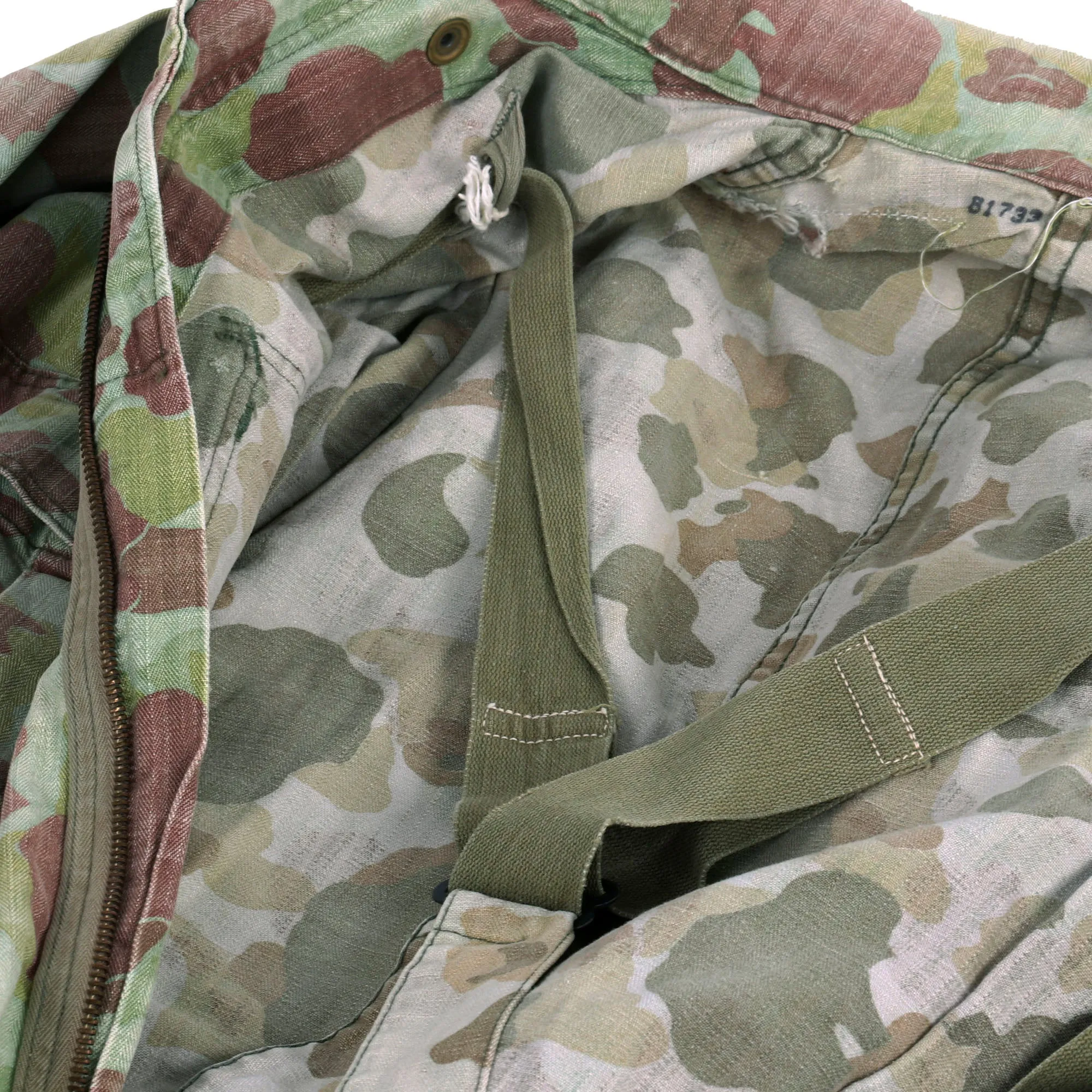 Original U.S. WWII Army M1942 Camouflage Jungle Suit Herring Bone Twill Coveralls with Internal Suspenders and Army Issued Boots