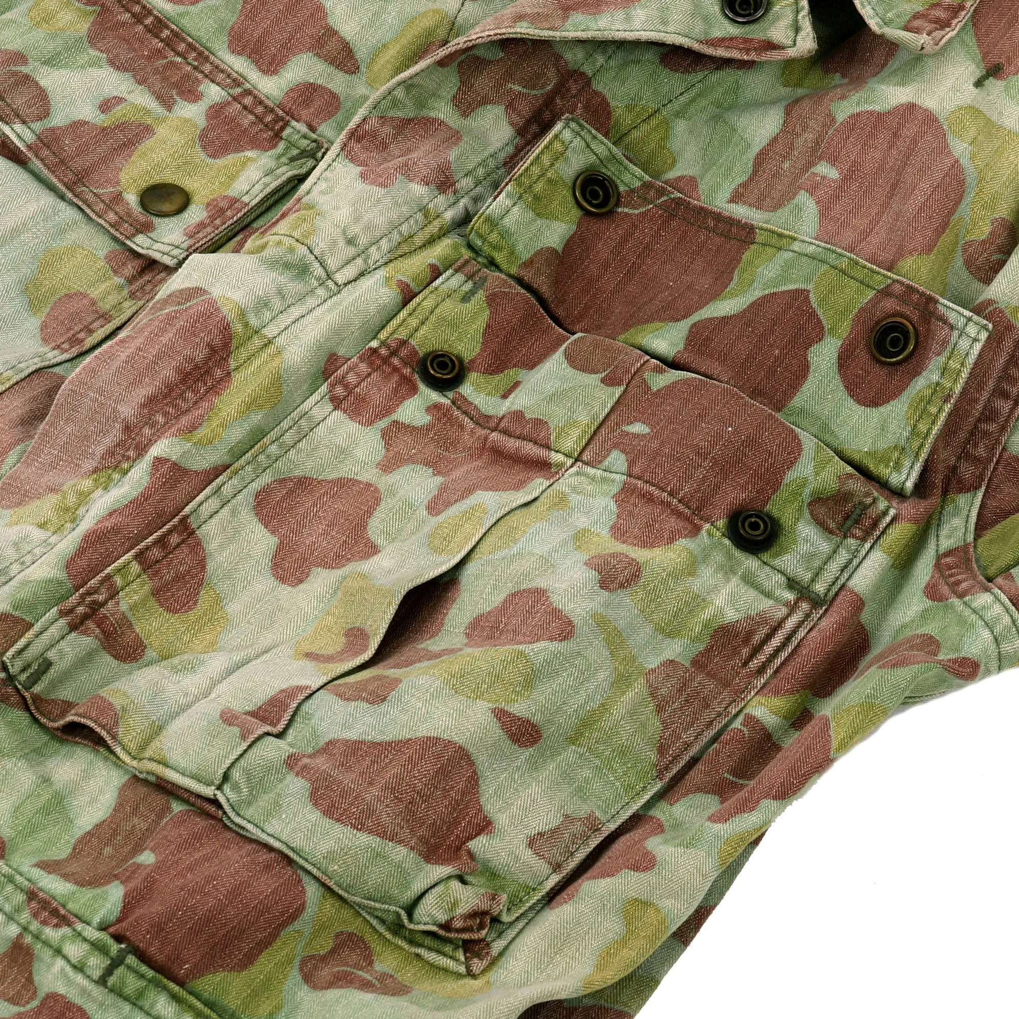 Original U.S. WWII Army M1942 Camouflage Jungle Suit Herring Bone Twill Coveralls with Internal Suspenders and Army Issued Boots