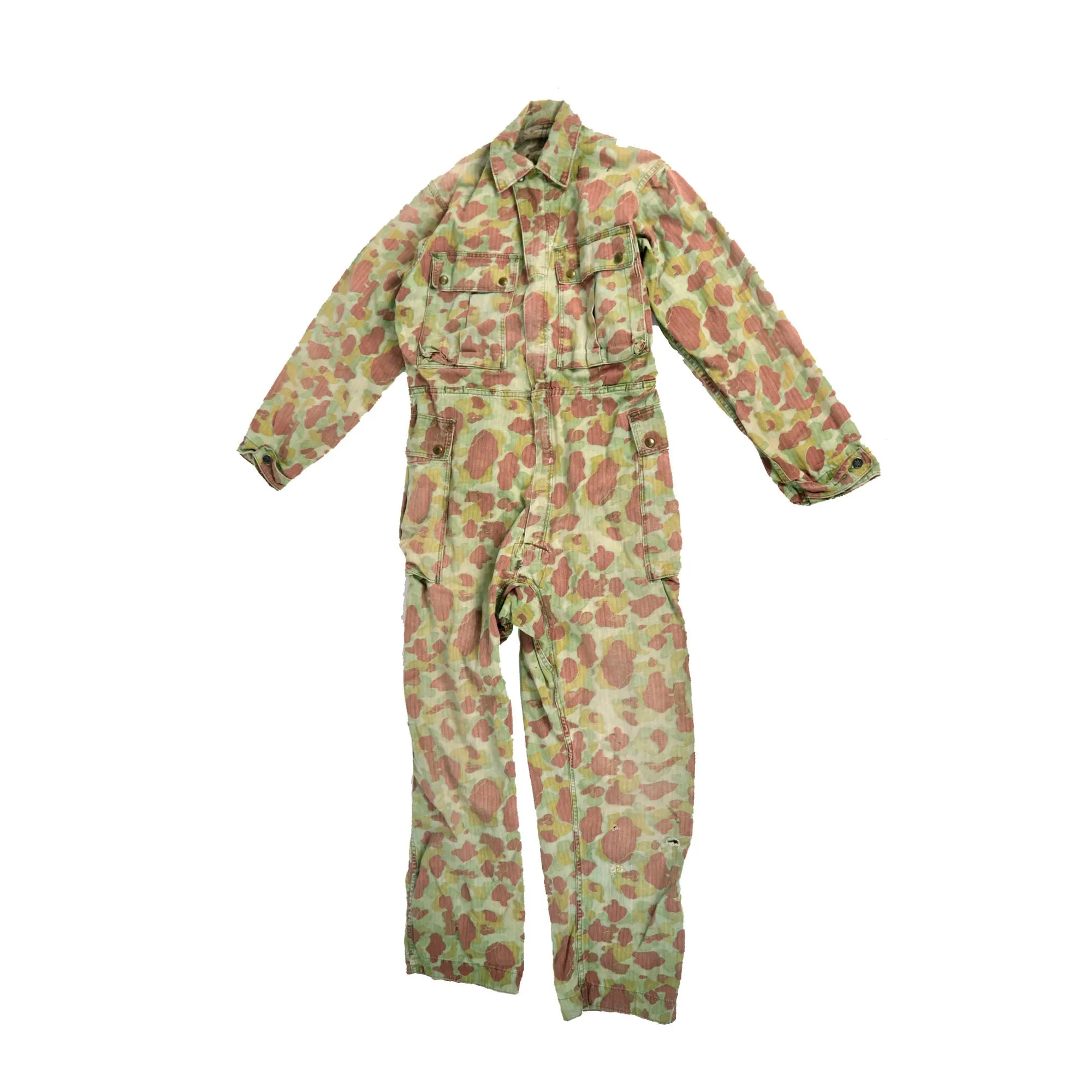 Original U.S. WWII Army M1942 Camouflage Jungle Suit Herring Bone Twill Coveralls with Internal Suspenders and Army Issued Boots