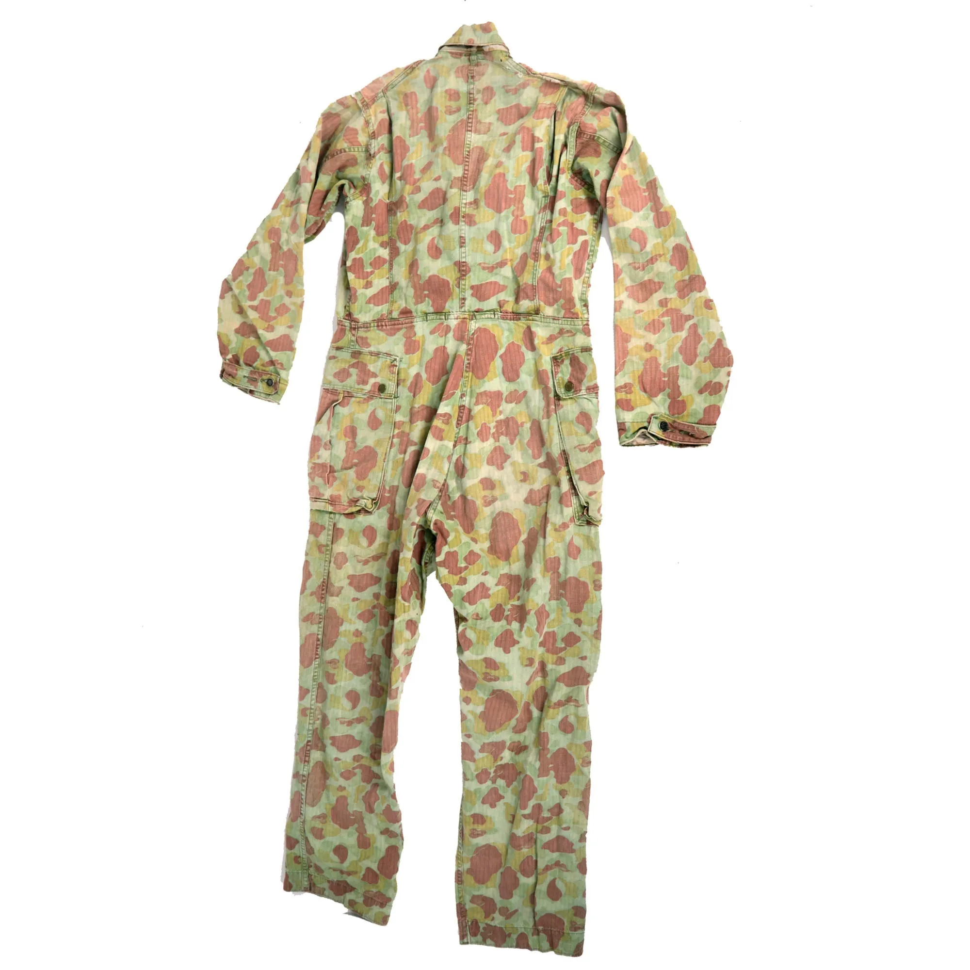 Original U.S. WWII Army M1942 Camouflage Jungle Suit Herring Bone Twill Coveralls with Internal Suspenders and Army Issued Boots
