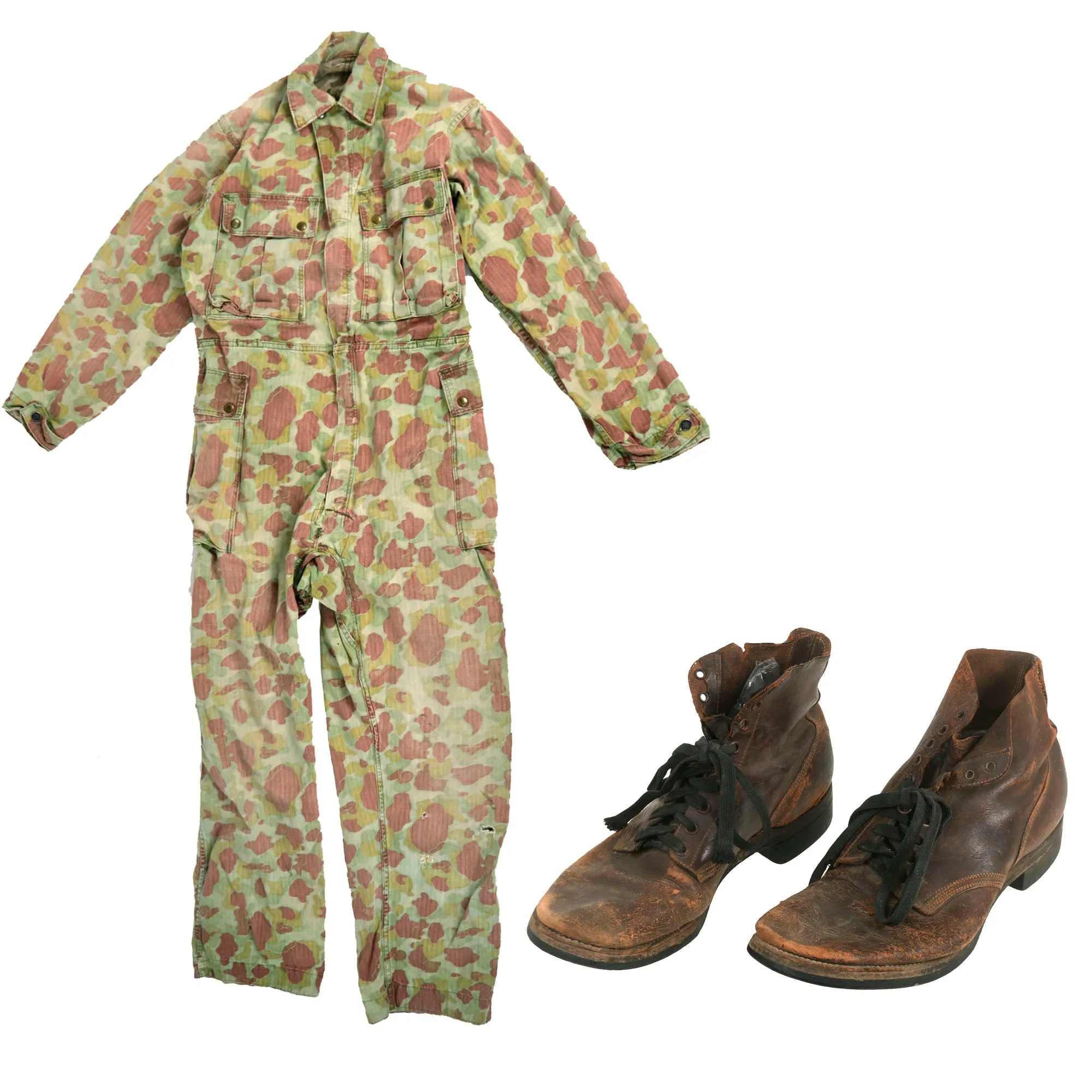 Original U.S. WWII Army M1942 Camouflage Jungle Suit Herring Bone Twill Coveralls with Internal Suspenders and Army Issued Boots